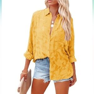 Women's Chiffon Shirt Blouse Long Sleeve Button Down Elegant Top Mustard  XL
